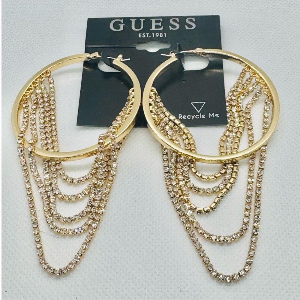 NWT *Guess* Gold Hoop Earrings with Rhinestone Chains - Picture 6 of 6